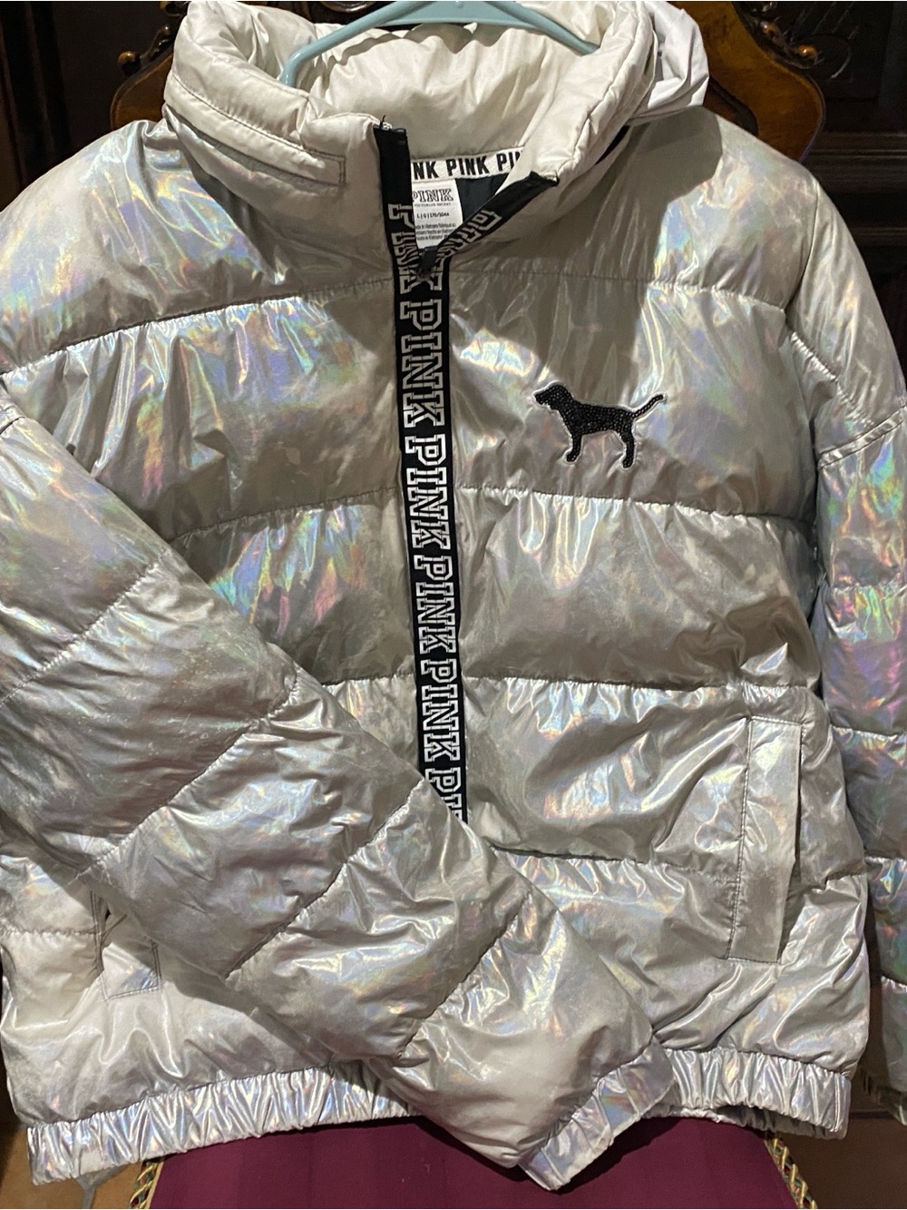 PINK Victoria's Secret Iridescent Silver Bomber Jacket with Black Trim - Picture 5 of 10